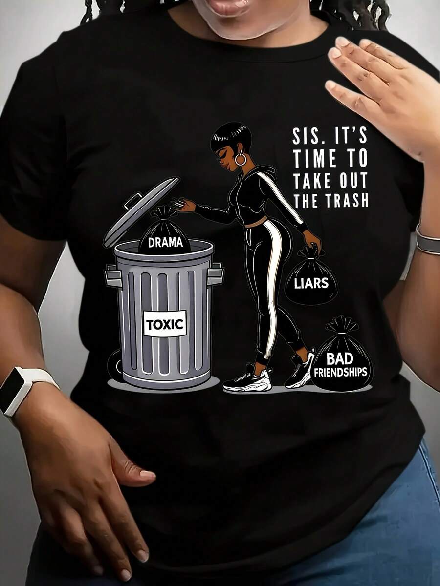 Unisex Graphic T-Shirt With Fun Design: It's Time To Pick Up The Trash - Fun Design With Trash And Recycling Symbols, Casual Black Short-Sleeved Crew Neck T-Shirt, Durable And Cool Summer Clothing For Women. - 黑色 - 查看 1