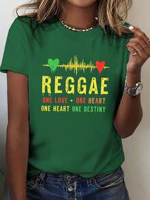 Women's T-Shirt With Reggae Music And Sound Print - Short-Sleeved, Round-Neck T-Shirt With Jamaican Reggae Theme Design, Suitable For Festivals And Daily Wear, Casual Short-Sleeved Shirt For Spring/Summer, Blouses For Women. - 綠色 - 查看 6