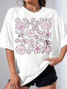 Camiseta Negra y Blanca para Mujer con Estampado Floral, Diseño de Rosas Blancas y Rosas Rosadas y Flores de Cerezo, Atuendo Casual de Verano para Mujer, Camiseta Estampada para Fiestas al Aire Libre - Negro - Ver 2