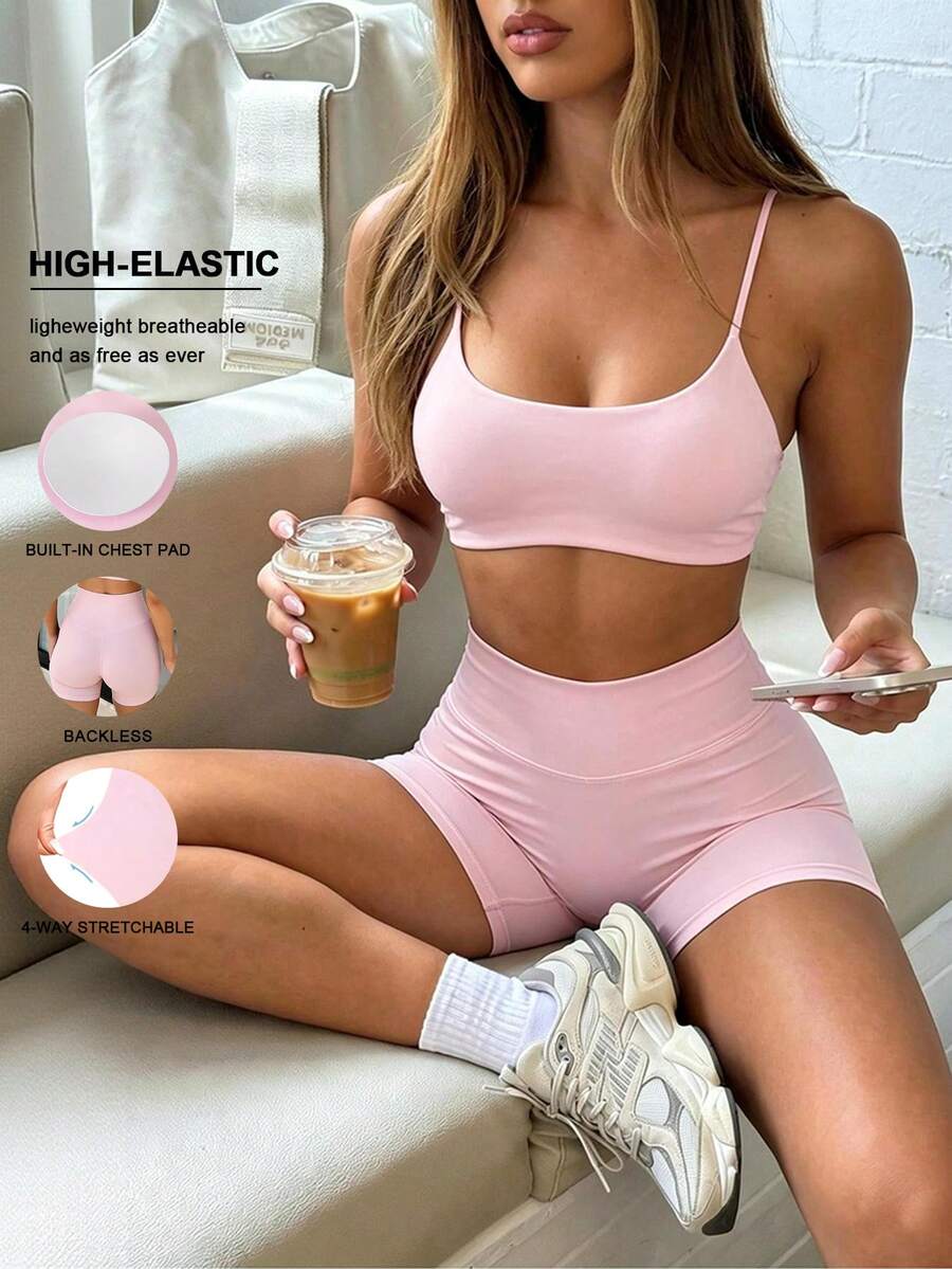 Bộ đồ thể thao nữ GAOVOT 2 mảnh mùa hè gợi cảm, áo yếm có đệm ngực và quần short cạp cao ôm hông, phù hợp tập thể dục, yoga, gym - Hồng - Xem 1
