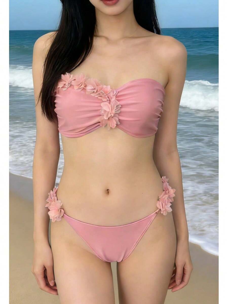 Women's Sexy Red Bikini Swimsuit 2026, Strapless Bandeau Design - Two Piece Beach Set - Pink - View 1