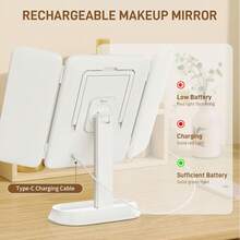 Back To School Portable LED Light Makeup Mirror, VanityMirror With Lights, 3-Fold Foldable Rechargeable Mirror With 2x 3x & 10x Magnification, Touch Control Mirror For Travel& Bedroom Use, Rechargeable Trifold Mirror - White - View 6