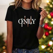 Women's T-Shirt With Artistic Letter Print - Stylish And Fashionable - Round Neck, Short Sleeve, Casual Sporty Style, Various Sizes, Multiple Colors Available, Soft - 黑色 - 查看 1