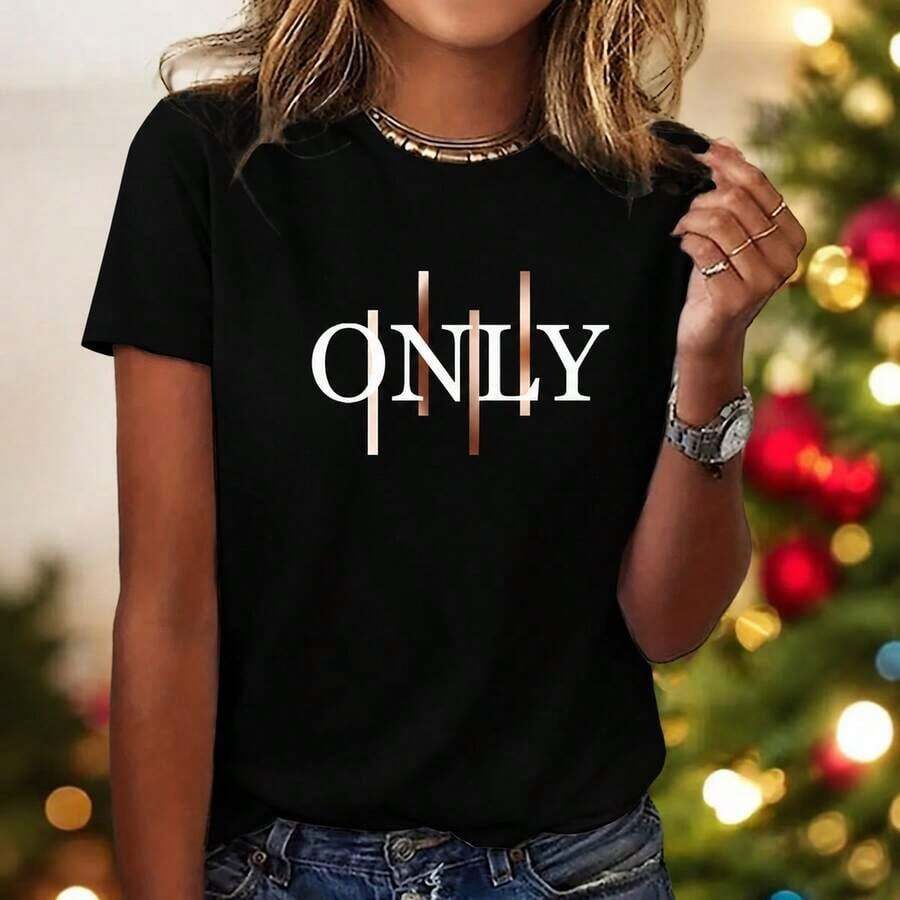 Women's T-Shirt With Artistic Letter Print - Stylish And Fashionable - Round Neck, Short Sleeve, Casual Sporty Style, Various Sizes, Multiple Colors Available, Soft - 黑色 - 查看 1