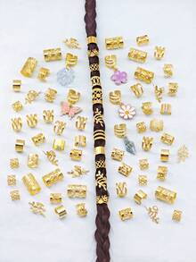 75pcs Floral Fantasy Hair Rings, Includes White Heart, Pearl, Daisy, Pink Butterfly And Camellia, Multi-Shape Adjustable Braided Hair Accessories - Gold - View 7