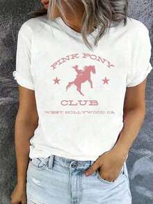 2026 New Cotton Shirt - 100% Cotton - 1 Piece Unisex Short Sleeve Crew Neck T-Shirt - Pink Club West, CA - Basic Western Style Graphic Design Summer T-Shirts, Women's Tops, 100% Cotton. Women's Simple Solid Color T-Shirt, Loose Fit, Casual Short Sleeve - 白色的 - 查看 1