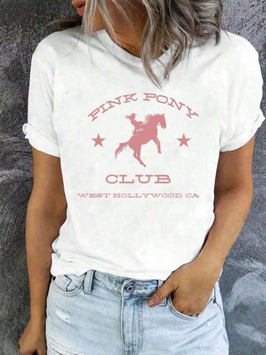 2026 New Cotton Shirt - 100% Cotton - 1 Piece Unisex Short Sleeve Crew Neck T-Shirt - Pink Club West, CA - Basic Western Style Graphic Design Summer T-Shirts, Women's Tops, 100% Cotton. Women's Simple Solid Color T-Shirt, Loose Fit, Casual Short Sleeve - 白色的 - 查看 1