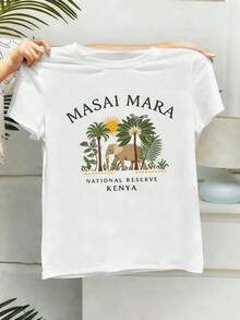 100% Cotton Masai Mara Safari Graphic T-Shirt For Women. Quality Fabric, Urban Hip-Hop Style, Comfortable, Durable, Unique Graphic Print. Women's Simple Solid Color T-Shirt, Loose And Slim Fit Casual Short Sleeve - 白色的 - 查看 3