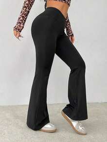Pantalones acampanados de cintura alta envolvente de unicolor sencillo - Negro - Ver 6