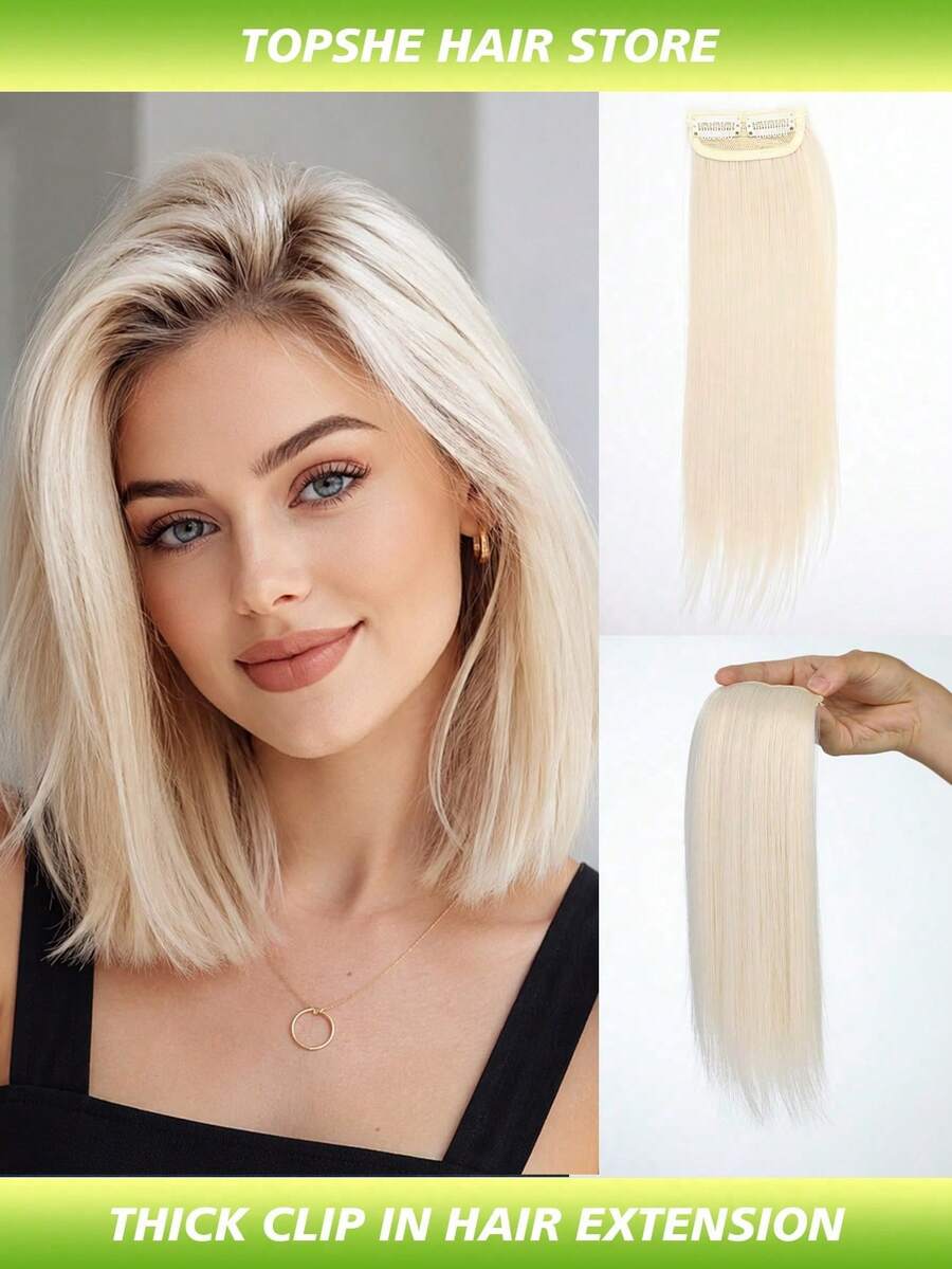 Women's Thick Invisible Clip-In Hair Extensions - Synthetic Hair Pieces, Short Straight Voluminous, Platinum Blonde & Multi-Color Options, Suitable For Thin Hair And Daily Styling - White - View 1