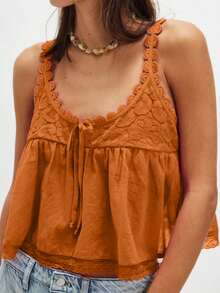 Women Sleeveless Ruffled Lace Trim Boho Spaghetti Crop Top Scoop Neck Flowy Button Down Front Tie Mesh Crop Tank Top - Orange-red - View 2