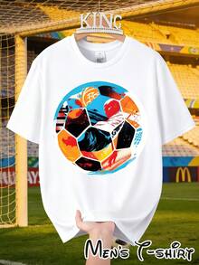 [Popular Licensed Design] Short-Sleeved T-Shirt With "Color Block Mosaic Style" Print, Artistic And Fashionable Outfit, Perfect For Casual Dinners And Sightseeing Walks, Football Collage Art Style, Suitable For Art Exhibitions, Casual Daily Wear, Student Outings And As A Gift For Football Art Fans. - 白色 - 查看 3