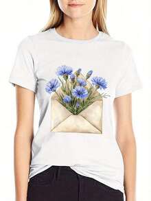 1 Piece Casual Fashion Men's And Women's T-Shirt - Bohemian Style With Floral Print And Envelope - Soft And Breathable Upper, Suitable For Daily And Formal Wear - Casual Crew Neck Loose Fit T-Shirt, Women's Summer Wear, Loose Fit T-Shirt, Comfortable Fabric, Spring Fashion, Geometric Print, Lightweight T-Shirt, Short Sleeve T-Shirt, For Fashion Enthusiasts. E2OA Is Versatile, Easy To Match, Suitable For Daily Wear, Street Style, Vacation Outfits, And Weekend Wear. - 白色的 - 查看 3