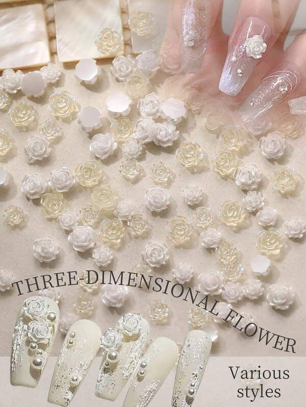 50/100pcs 3D Camellia Flower Nail Art Decorations, Resin Nail Rhinestone Decor, Luxury White Aurora Flower Nail Jewelry, Nail Art Supplies Nail Charms
