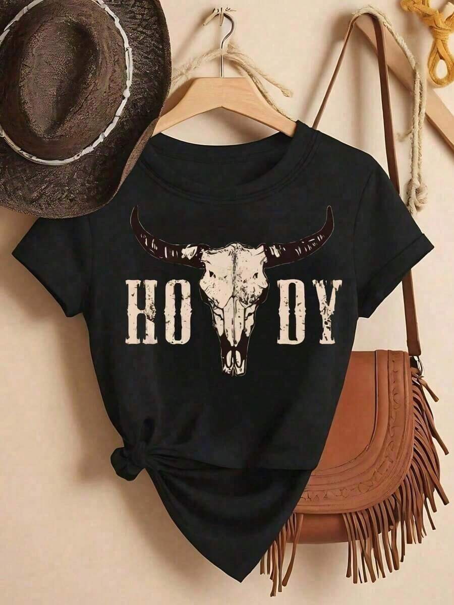 Women's Athletic T-Shirt With Bull Skull And Howdy Print, Western Cowboy Style - Casual Short Sleeve Crew Neck T-Shirt With Fringe Print, All-Season Comfort For Western Theme Parties And Casual Wear (Machine Washable), Spring Fit, Summer Fashion, Durable Print, Lightweight Fabric, Printed T-Shirt, For Festival Lovers | Relaxed Fit | Plus Size Graphic Tees For Women, Summer Clothing, Graphic Tees For Men, Breathable And Comfortable - 黑色 - 查看 1