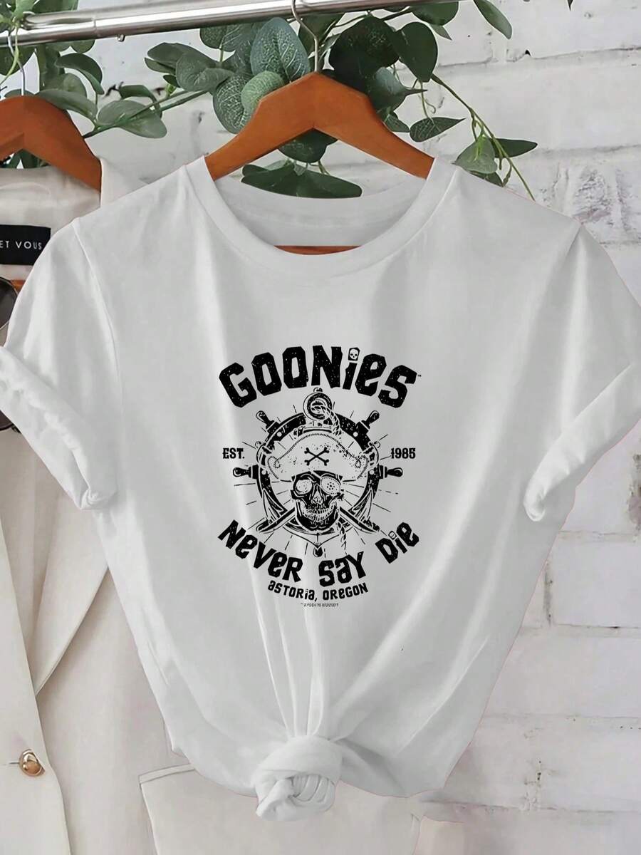 Camiseta de verano premium estampada para mujer, 1 pieza. Camiseta de verano de manga corta para mujer - Diseño estampado de piratas geométricos en 2D, estilo urbano moderno. |   Estética Juvenil |   Cómoda y ajustada, camiseta bonita. - Blanco - Ver 1