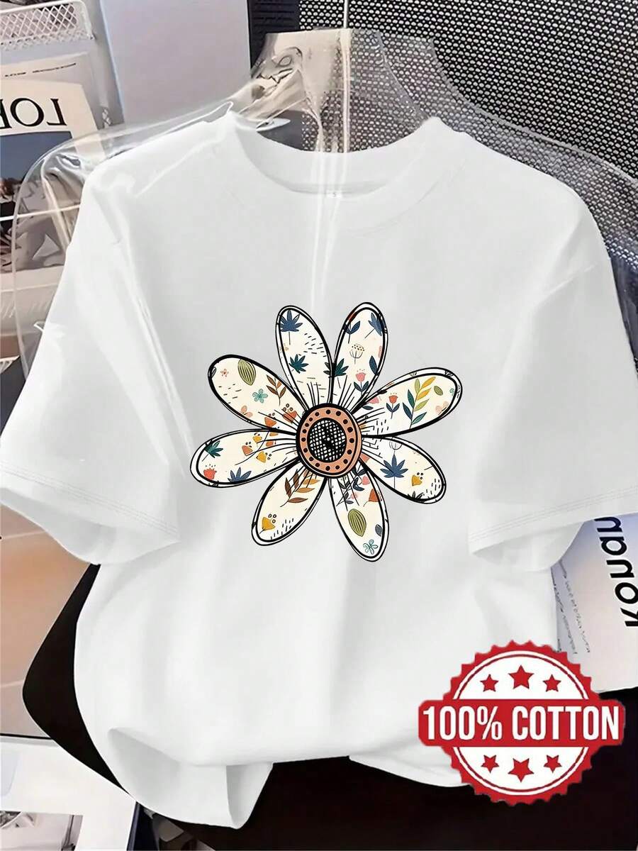 New Women's T-Shirt, Colorful Floral Print, Modern And Casual Printed Tee, Round Neck, Short Sleeves, Breathable And Sweat-Absorbing, Comfortable, Stylish And Chic, Casual Loungewear, Suitable For Spring, Summer And Autumn, Versatile Short Sleeves. Very Good Quality LU4W - 白色 - 查看 1