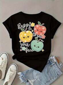 Women's Casual T-Shirt (Round Neck) With Fruit Print, Adorable And Fun Style, Essential Versatility, Natural And Elegant, Party Must-Have. Basic Short Sleeve T-Shirt For Women, Standard Size, Casual. Suitable As A Gift. Women's T-Shirt. Blouses > Elegant. Boho Chic. Soft, Breathable, And Comfortable Women's Top, Ideal For Spring, Summer, And Autumn, Perfect For Vacations, Travel, And Everyday Wear. - 黑色 - 查看 1