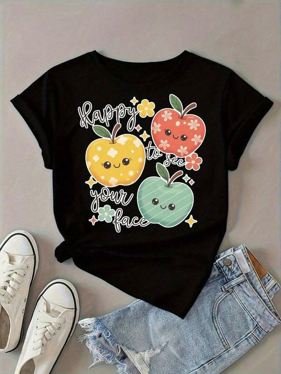 Women's Casual T-Shirt (Round Neck) With Fruit Print, Adorable And Fun Style, Essential Versatility, Natural And Elegant, Party Must-Have. Basic Short Sleeve T-Shirt For Women, Standard Size, Casual. Suitable As A Gift. Women's T-Shirt. Blouses > Elegant. Boho Chic. Soft, Breathable, And Comfortable Women's Top, Ideal For Spring, Summer, And Autumn, Perfect For Vacations, Travel, And Everyday Wear. - 黑色 - 查看 1