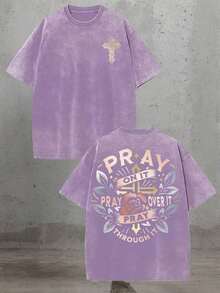 Golden Cross Floral Pray On It Vintage Oversized Graphic Tee, Religious Summer Top For Unisex - 紫色 - 查看 1