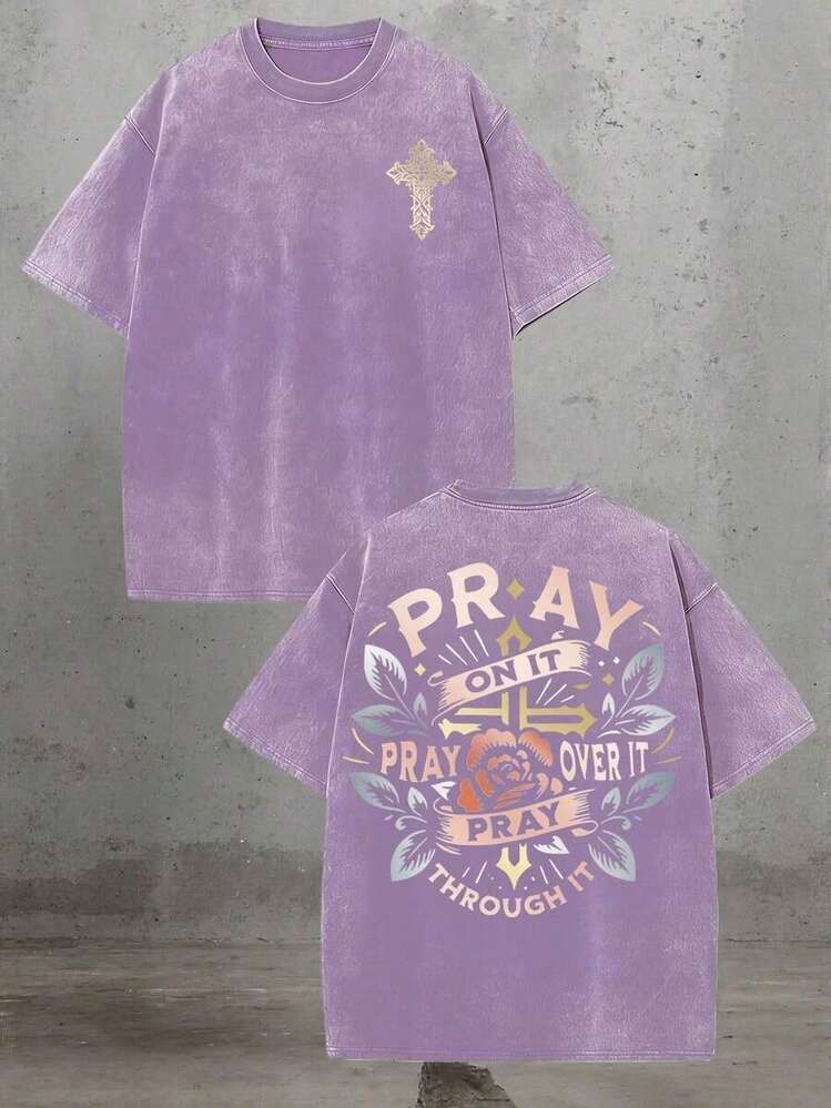 Vintage Vintage Black Crew Neck T-Shirt With Golden Cross Emblem And Floral Graphic Religious Design Pray On It Casual Short Sleeve TeeFashion Perfect For Graduation, Father's Day & 4th Of July Gifts - Purple - View 1