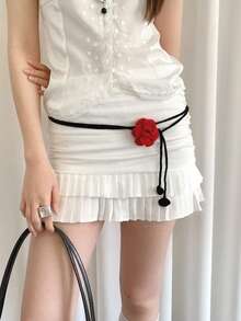 1 chiếc dây thắt lưng bằng polyester màu đen, họa tiết hoa đỏ. - màu đen - Xem 1
