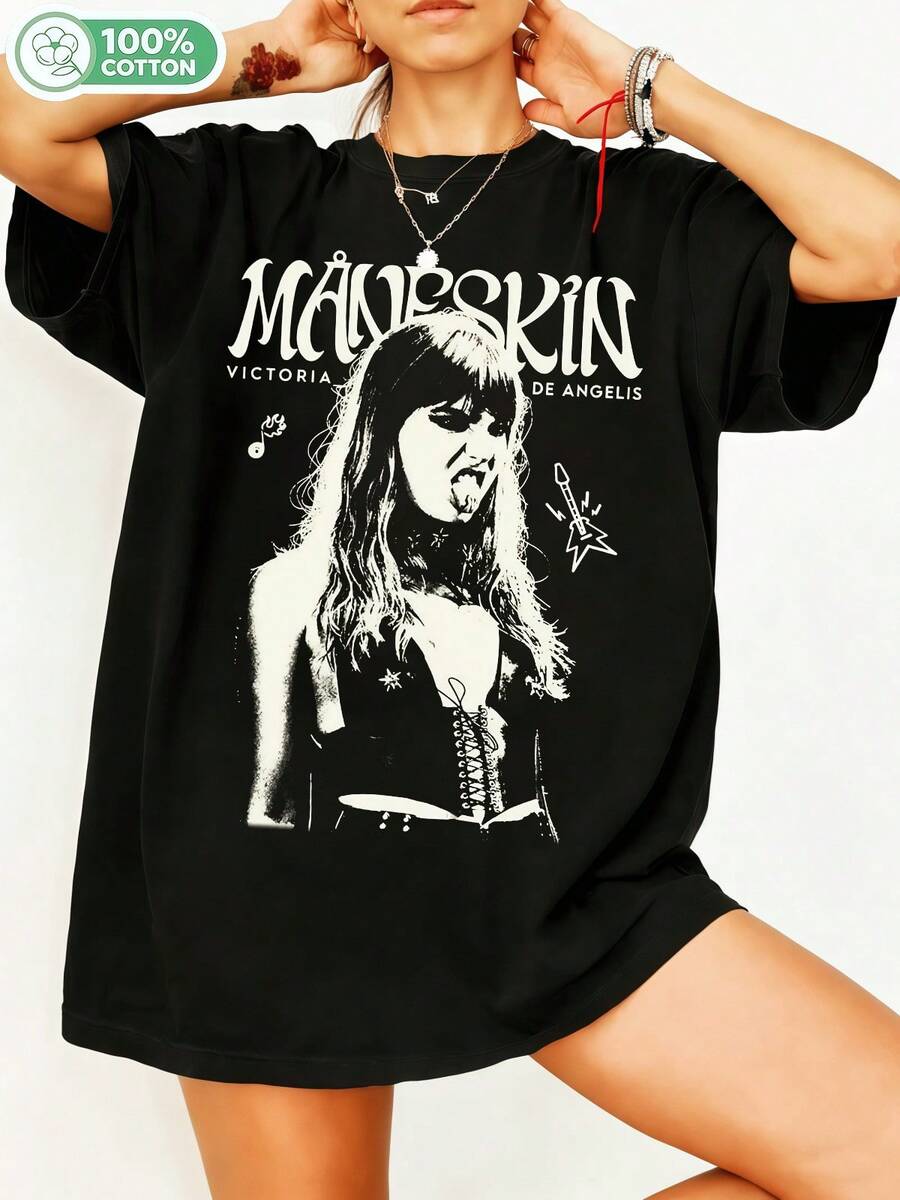 Maneskinn Victoriaa De Angeliss Rock Band Member Vintage Black And White Graphic 100% Cotton Oversized T-Shirt Y2K Streetwear Unisex Tee For Men And Women, Rock Music Fans, Casual Top. - Black - View 1