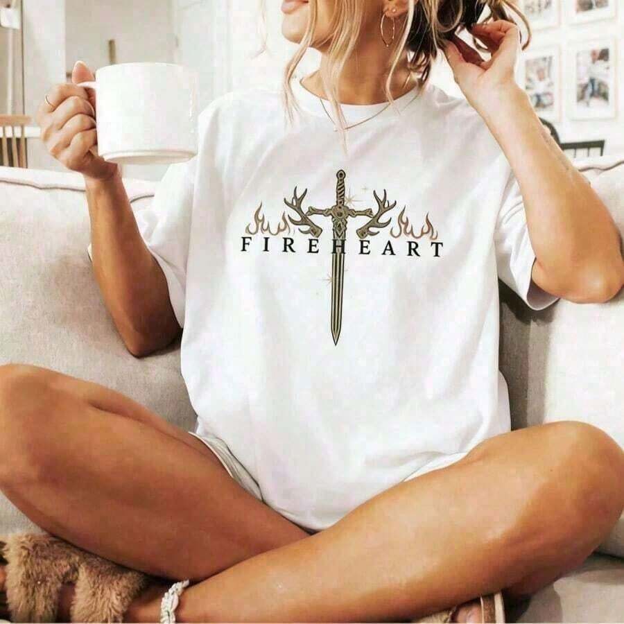 Ropa de Verano Camiseta Comfort Fireheart |       Camiseta Throne Of Glass con Frases de SJM, Camiseta SJM, Camiseta 'You Do Not Yield', Estilo Vintage Fire-Heart, Estilo Urbano, Unisex, de Algodón, Manga Corta, Cuello Redondo, Holgada y Cómoda, Tops de Verano, Ropa Fresca de Verano para Mujer - Blanco - Ver 1