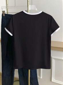 Camiseta de manga corta de mujer con estampado de cachorro colorblock y cuello redondo, casual de verano - Negro - Ver 2