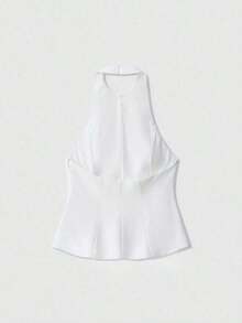 Top corto con cuello de halter y espalda descubierta, color amarillo mantequilla, para verano - Blanco - Ver 2