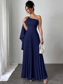 Nuevo vestido plisado sin mangas de color azul claro versátil para mujer, atuendo de vacaciones, vestido de verano - Azul marino - Ver 5