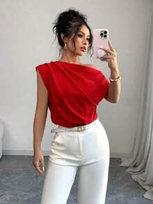 Blusa casual suelta de color liso con pliegues en el hombro oblicuo para mujer - Rojo - Ver 7