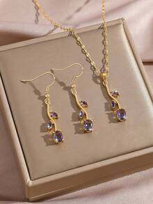 3pcs/4pcs Luxury Zirconia Tulip Earrings, Bracelet, Ring Jewelry Set, Purple Lucky Energy Elegant Luxury Accessories Suitable For Daily Commute And Bridal Party, Ideal Jewelry Choice For New Ladies - Gold - View 6