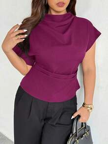 Blusa ajustada con cuello fruncido, manga asimétrica y cintura fruncida con estampado de lunares marrones.Adecuada para ir a trabajar, estilo vintage, elegante, para usar en las cuatro estaciones y para vacaciones en la Riviera Francesa - Rojo violeta - Ver 6