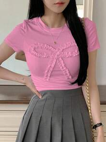 Camiseta ajustada de manga corta con cuello redondo, volantes y lazo, unicolor para mujer, crop top para mujer en Pascua - Rosa coral - Ver 4