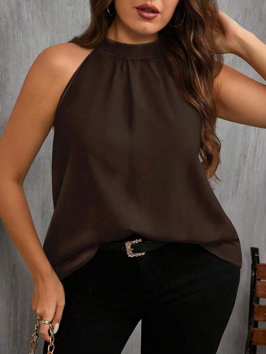 Camisa holgada minimalista de cuello halter azul marino talla grande, adecuada para el verano - Marrón - Ver 1