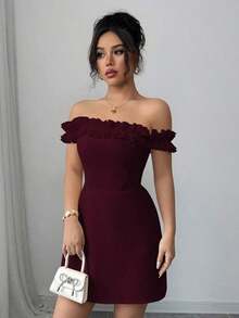 Vestido midi romántico para mujer con hombros descubiertos y corte en la cintura - Burdeos - Ver 5