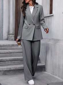 Conjunto de traje informal de mujer con solapa, manga larga y holgado - Gris Oscuro - Ver 4