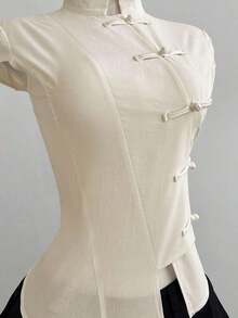 Camisa ajustada de manga corta con cuello mao de algodón negro, nuevo estilo chino retro elegante y versátil para ir a la oficina o el campus, ideal para primavera/verano - Gris - Ver 6