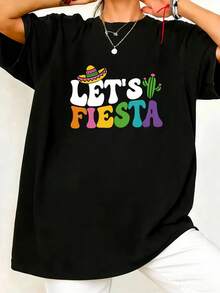 Women's Plus Size Summer Casual Short Sleeve T-Shirt With Cinco De Mayo Mexican Straw Hat, Cactus And Colorful Text Print, Fashionable Printed Short Sleeve Top For Women - 黑色 - 查看 6