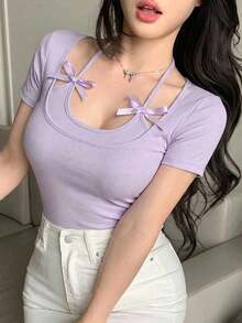 Camiseta de manga corta ajustada casual y sexy con decoración de lazo halter para mujer - Morado - Ver 6
