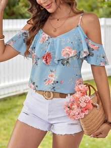 Blusa casual de verano con estampado floral y volantes en el bajo - Celeste - Ver 3