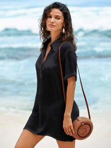 Conjunto de ropa de playa para mujer- Vestido de baño con cuello en V sin mangas como cobertor casual de playa - Negro - Ver 1