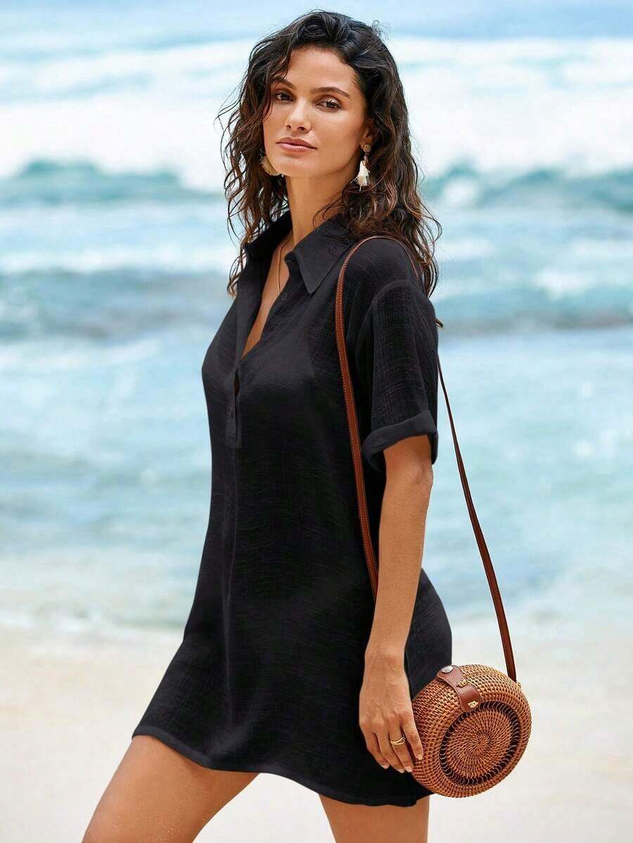 Conjunto de ropa de playa para mujer- Vestido de baño con cuello en V sin mangas como cobertor casual de playa - Negro - Ver 1
