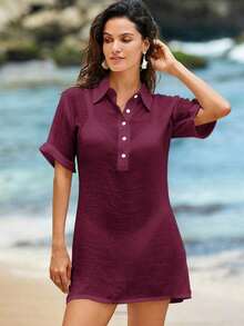 Conjunto de ropa de playa para mujer- Vestido de baño con cuello en V sin mangas como cobertor casual de playa - Burdeos - Ver 3