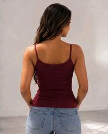 Basic Women's Tank Top With Thin Straps - Burgundy - View 2