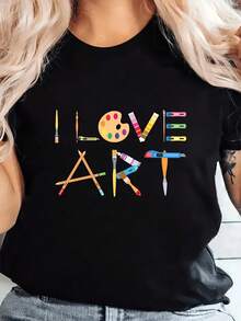 Women's 'I Love Art' Graphic T-Shirt - Casual Black Short Sleeve T-Shirt With Colorful Pencil Print And Color Palette - 黑色 - 查看 6