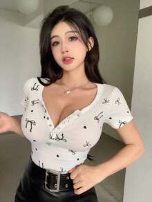 Camiseta de manga corta de ajuste slim con estampado de leopardo, top corto para mujer de uso casual en verano - Multicolor 4 - Ver 6