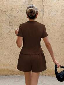 Frenchy Conjunto de 2 piezas de verano para mujer, de unicolor, con cuello cuadrado y manga corta, de estilo minimalista - Café integral - Ver 2