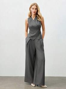 Nuevo conjunto de chaleco plisado en la cintura y pantalones de pierna ancha para mujer, primavera/verano.Elegante atuendo urbano para ir al trabajo. - Gris - Ver 1